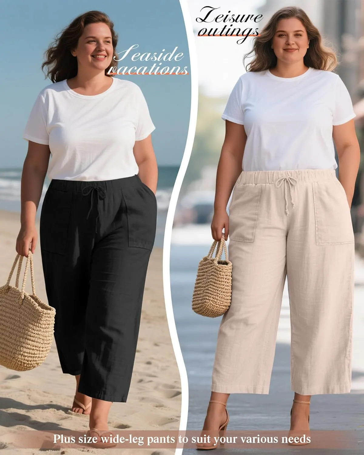 Neer 2 Pack Women’s Plus Size Linen Pants, Casual Summer Beach Pants with Pocket Drawstring High Waisted Loose Trouser