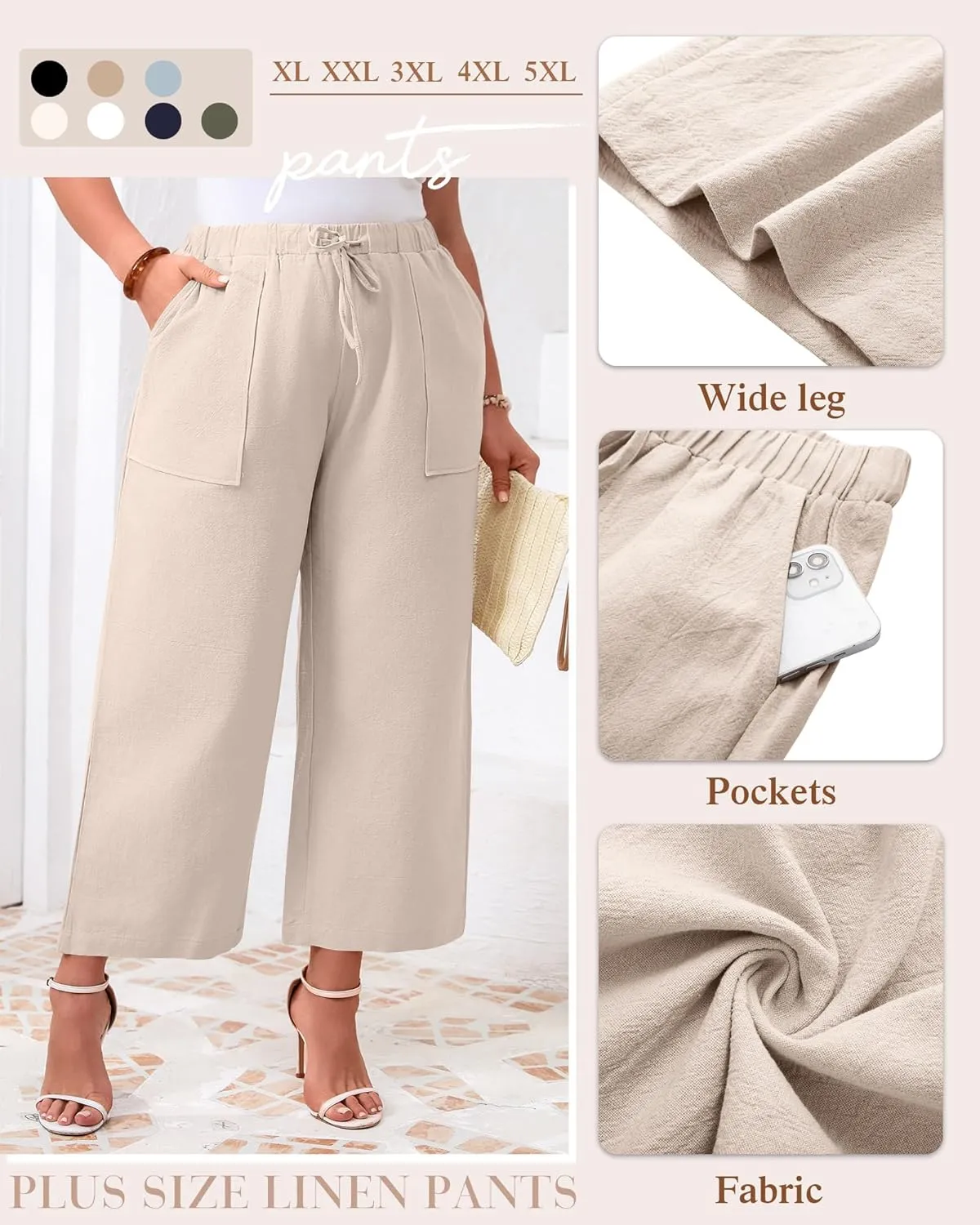 Neer 2 Pack Women’s Plus Size Linen Pants, Casual Summer Beach Pants with Pocket Drawstring High Waisted Loose Trouser