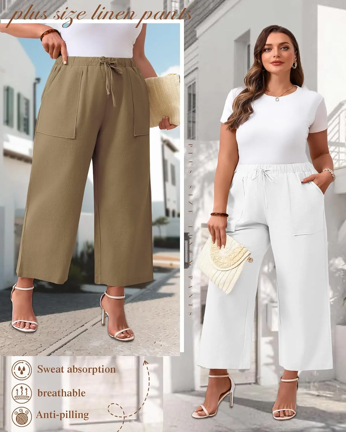 Neer 2 Pack Women’s Plus Size Linen Pants, Casual Summer Beach Pants with Pocket Drawstring High Waisted Loose Trouser