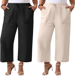 Neer 2 Pack Women’s Plus Size Linen Pants, Casual Summer Beach Pants with Pocket Drawstring High Waisted Loose Trouser