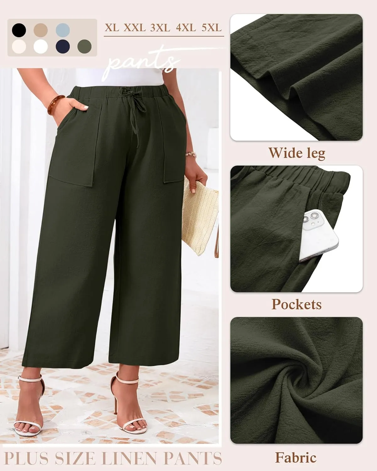 Neer 2 Pack Women’s Plus Size Linen Pants, Casual Summer Beach Pants with Pocket Drawstring High Waisted Loose Trouser