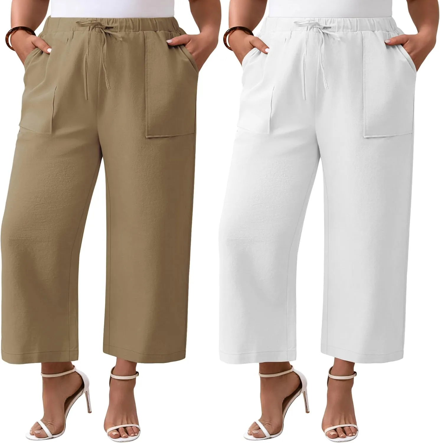 Neer 2 Pack Women’s Plus Size Linen Pants, Casual Summer Beach Pants with Pocket Drawstring High Waisted Loose Trouser