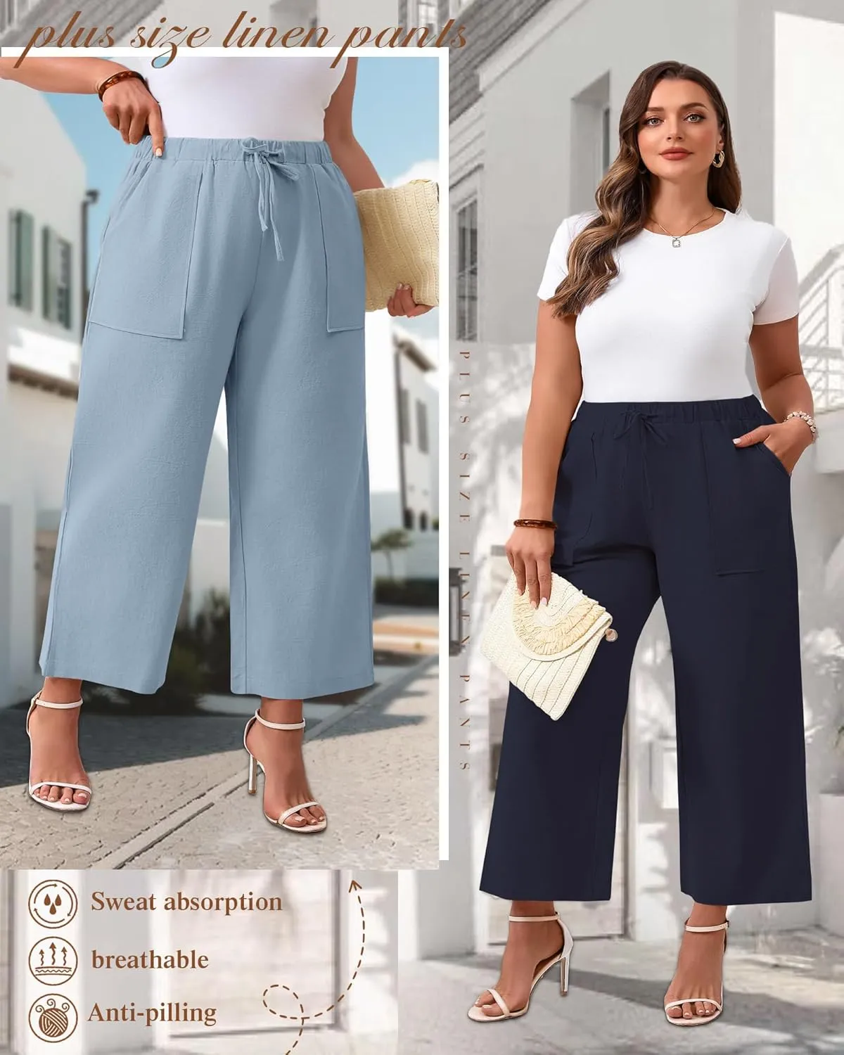 Neer 2 Pack Women’s Plus Size Linen Pants, Casual Summer Beach Pants with Pocket Drawstring High Waisted Loose Trouser