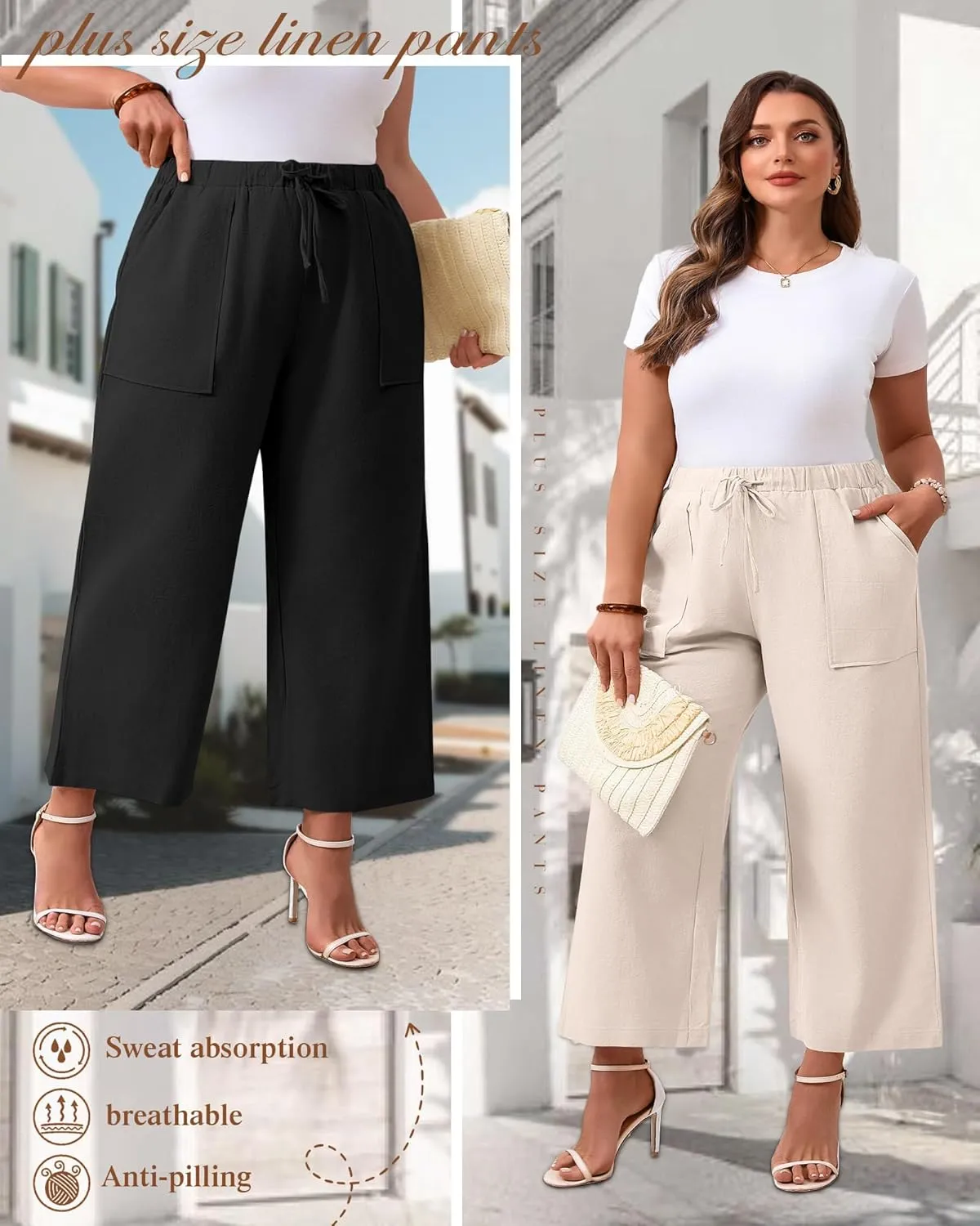 Neer 2 Pack Women’s Plus Size Linen Pants, Casual Summer Beach Pants with Pocket Drawstring High Waisted Loose Trouser