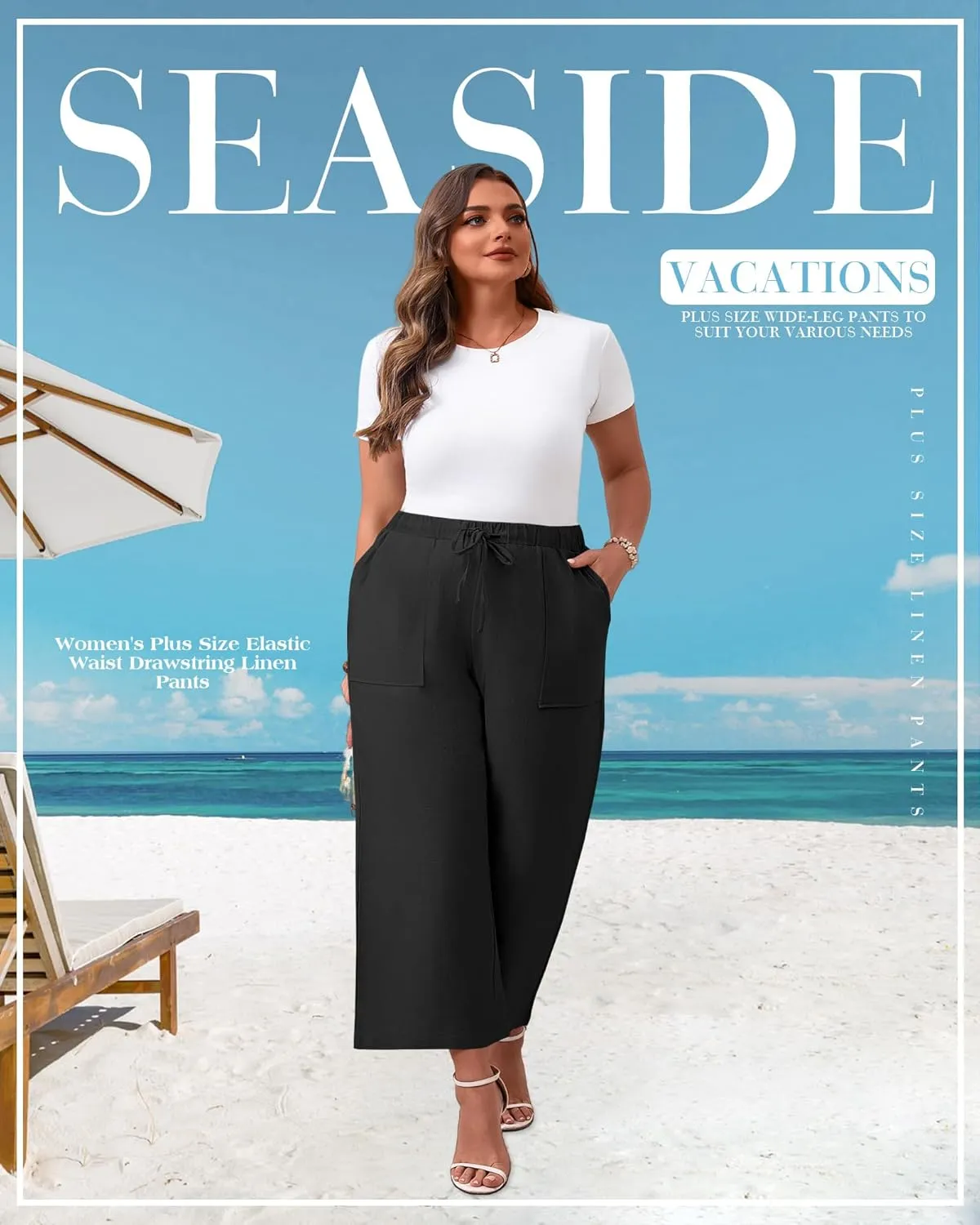 Neer 2 Pack Women’s Plus Size Linen Pants, Casual Summer Beach Pants with Pocket Drawstring High Waisted Loose Trouser
