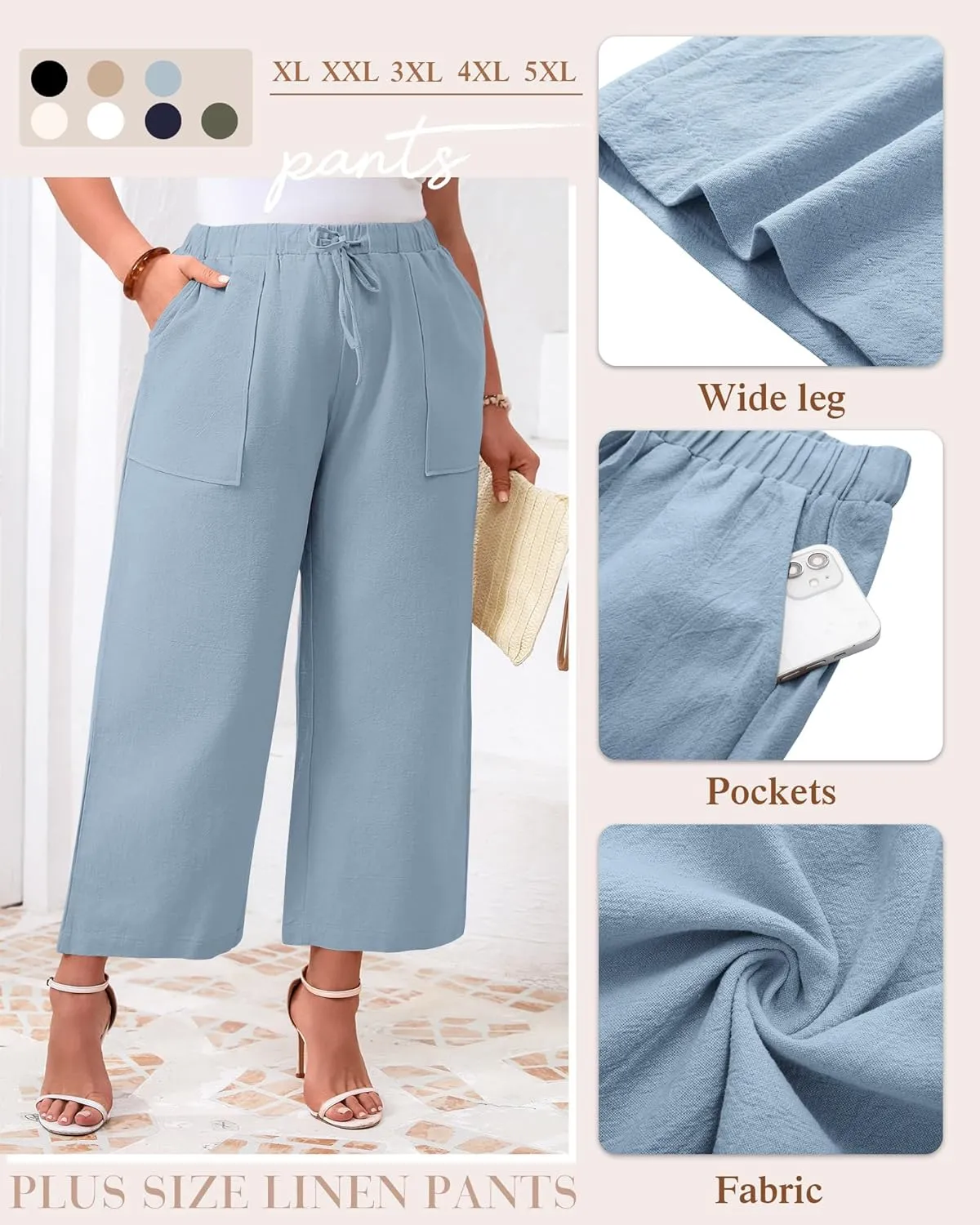 Neer 2 Pack Women’s Plus Size Linen Pants, Casual Summer Beach Pants with Pocket Drawstring High Waisted Loose Trouser