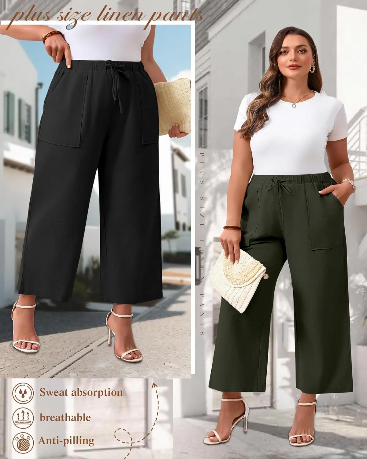 Neer 2 Pack Women’s Plus Size Linen Pants, Casual Summer Beach Pants with Pocket Drawstring High Waisted Loose Trouser