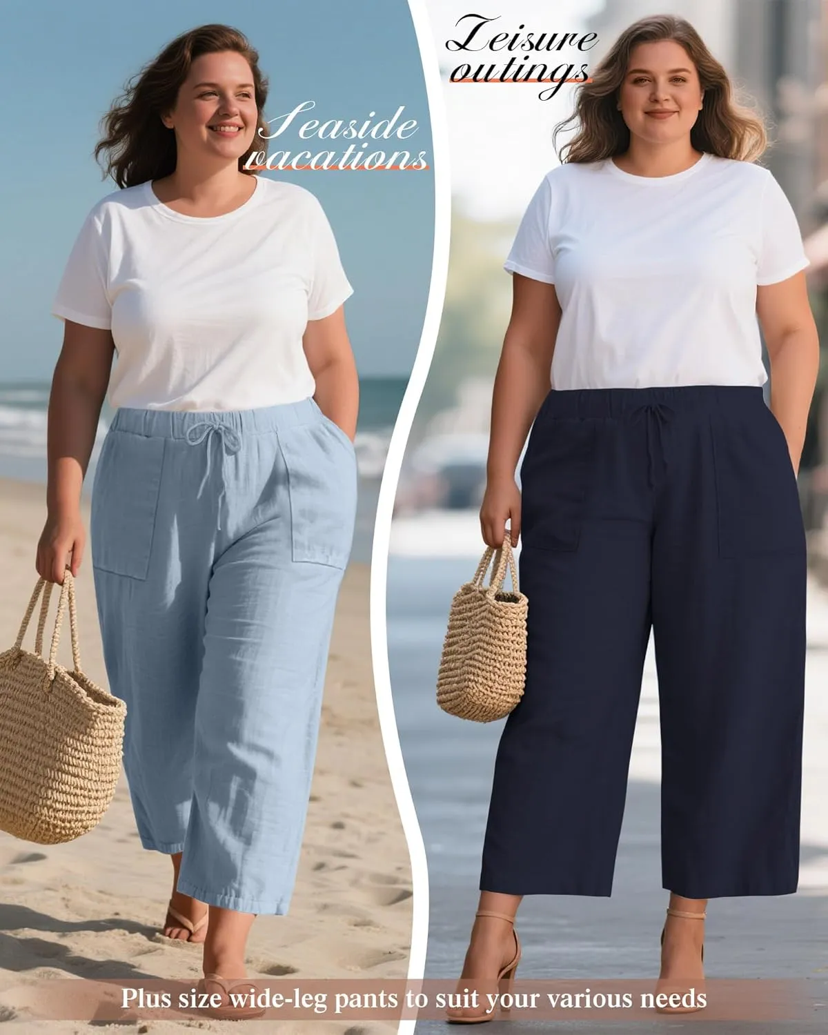 Neer 2 Pack Women’s Plus Size Linen Pants, Casual Summer Beach Pants with Pocket Drawstring High Waisted Loose Trouser