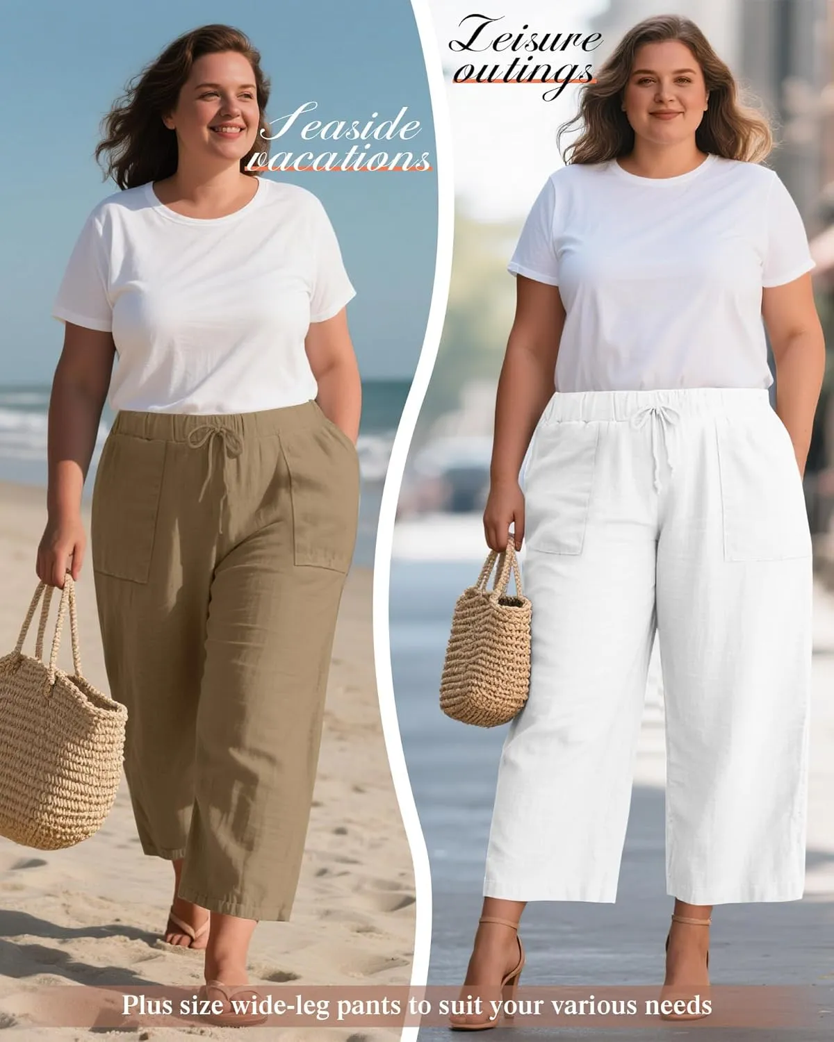Neer 2 Pack Women’s Plus Size Linen Pants, Casual Summer Beach Pants with Pocket Drawstring High Waisted Loose Trouser