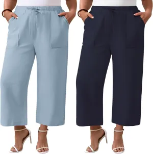 Neer 2 Pack Women’s Plus Size Linen Pants, Casual Summer Beach Pants with Pocket Drawstring High Waisted Loose Trouser