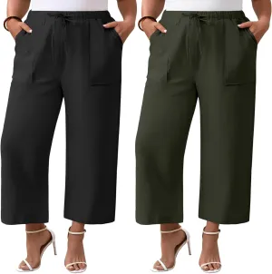 Neer 2 Pack Women’s Plus Size Linen Pants, Casual Summer Beach Pants with Pocket Drawstring High Waisted Loose Trouser