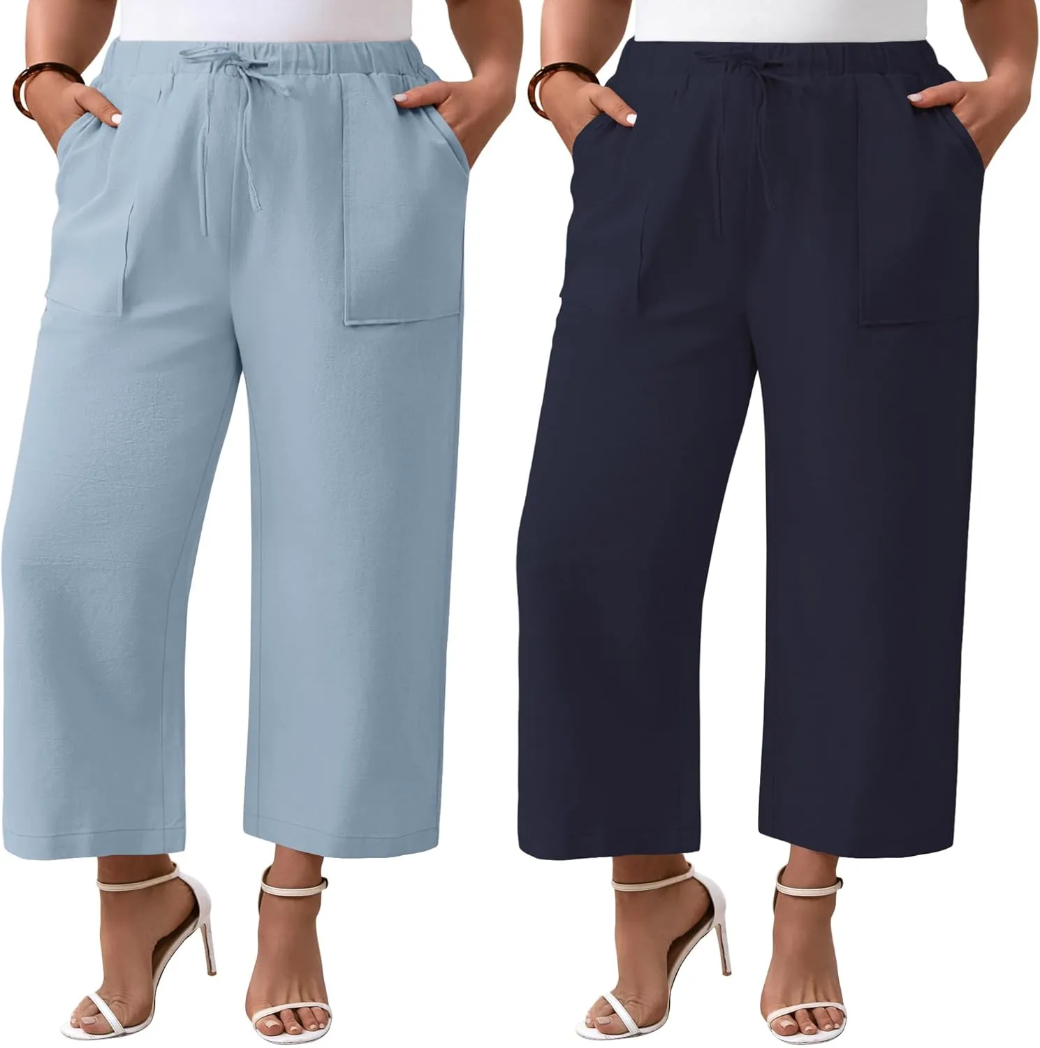 Neer 2 Pack Women’s Plus Size Linen Pants, Casual Summer Beach Pants with Pocket Drawstring High Waisted Loose Trouser