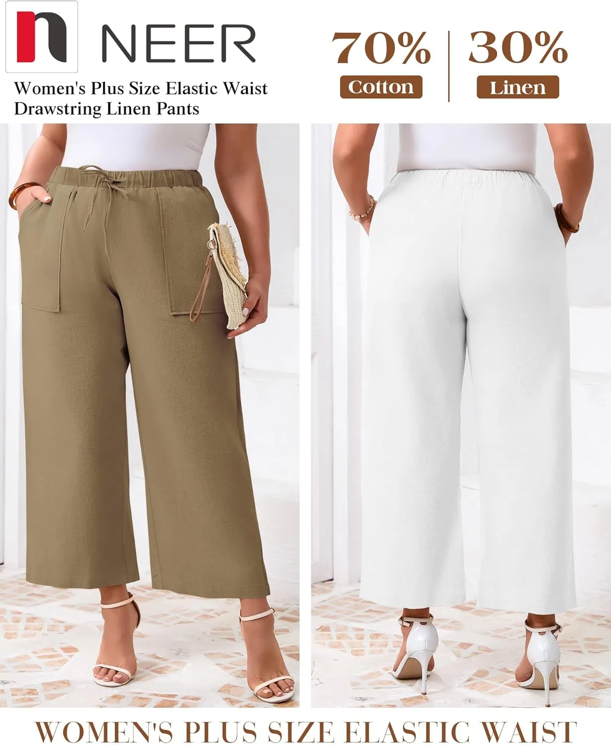 Neer 2 Pack Women’s Plus Size Linen Pants, Casual Summer Beach Pants with Pocket Drawstring High Waisted Loose Trouser