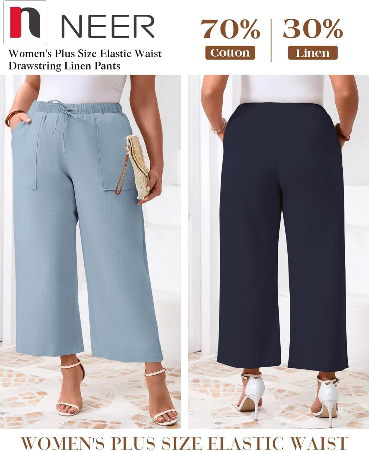 Neer 2 Pack Women’s Plus Size Linen Pants, Casual Summer Beach Pants with Pocket Drawstring High Waisted Loose Trouser