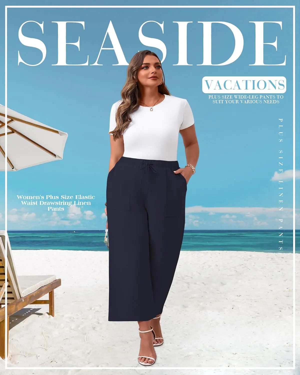 Neer 2 Pack Women’s Plus Size Linen Pants, Casual Summer Beach Pants with Pocket Drawstring High Waisted Loose Trouser