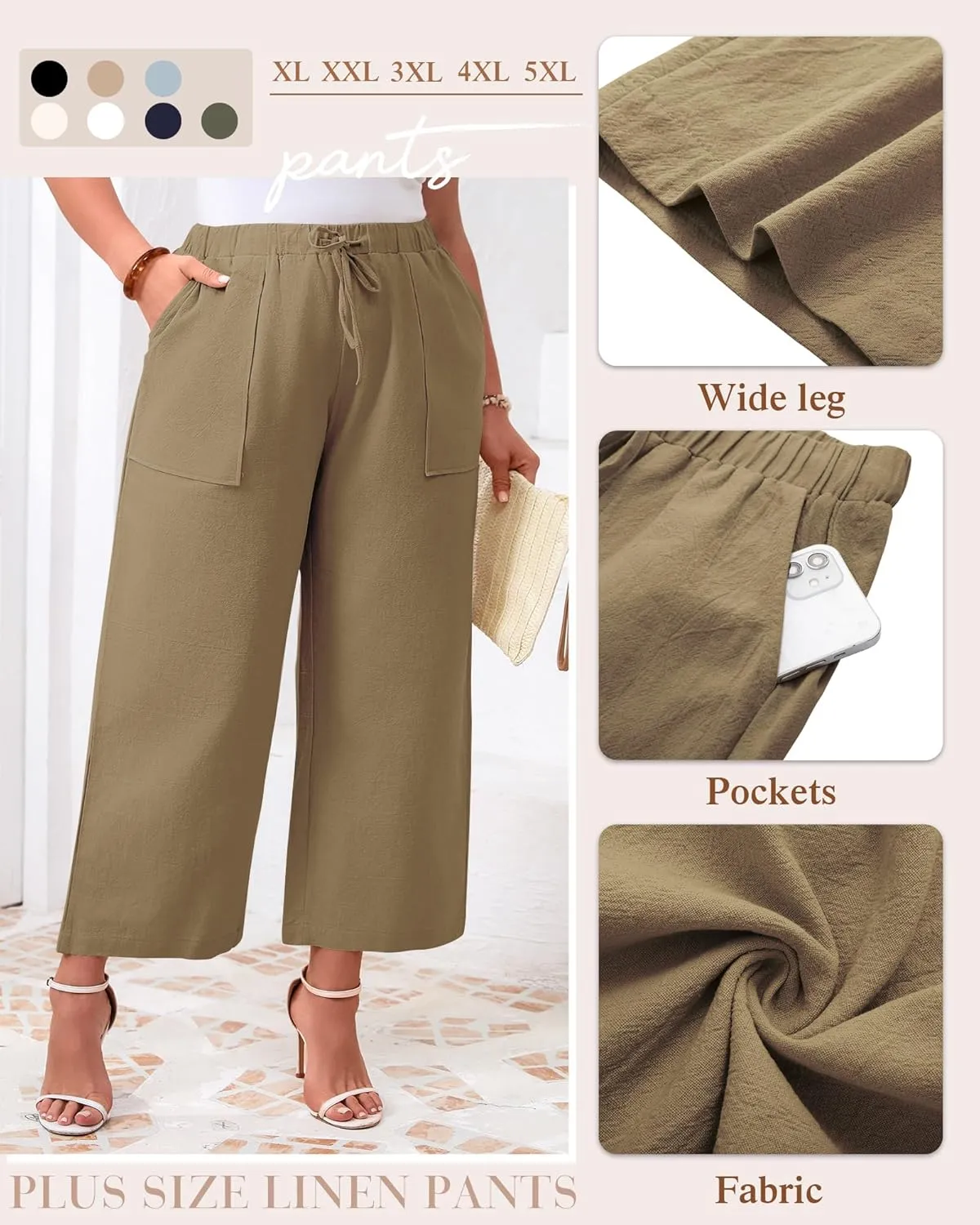 Neer 2 Pack Women’s Plus Size Linen Pants, Casual Summer Beach Pants with Pocket Drawstring High Waisted Loose Trouser