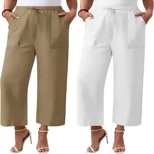 Neer 2 Pack Women’s Plus Size Linen Pants, Casual Summer Beach Pants with Pocket Drawstring High Waisted Loose Trouser