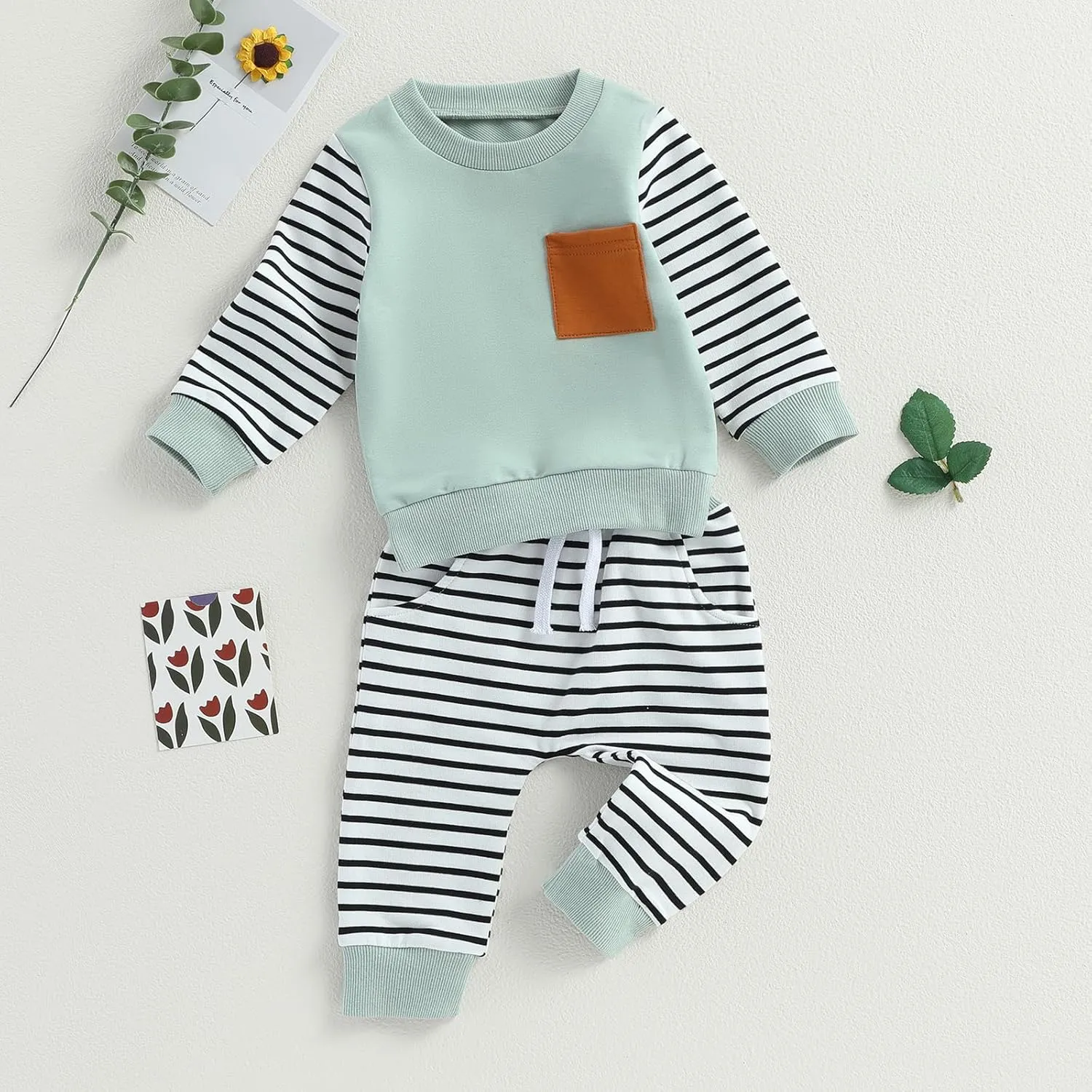 Newborn Baby Boy Girl Clothes Gender Neutral Sweatsuit Unisex Solid Outfit Long Sleeve Warm Pullover Pant Set