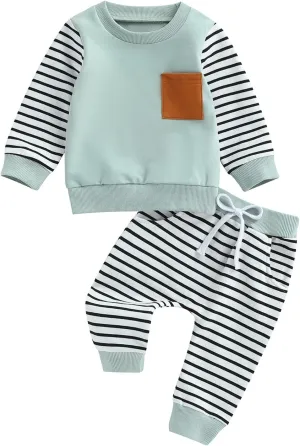 Newborn Baby Boy Girl Clothes Gender Neutral Sweatsuit Unisex Solid Outfit Long Sleeve Warm Pullover Pant Set
