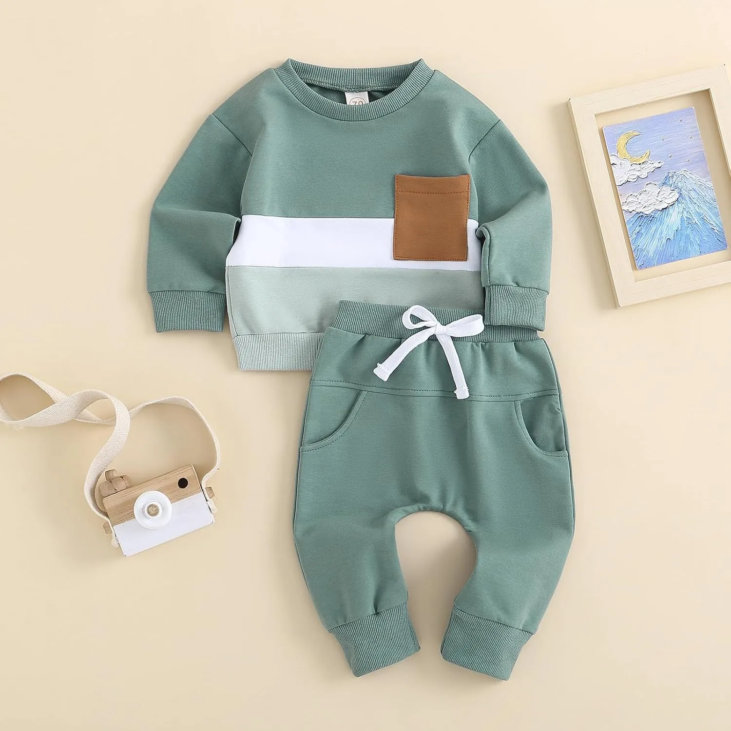 Newborn Baby Boy Girl Clothes Gender Neutral Sweatsuit Unisex Solid Outfit Long Sleeve Warm Pullover Pant Set