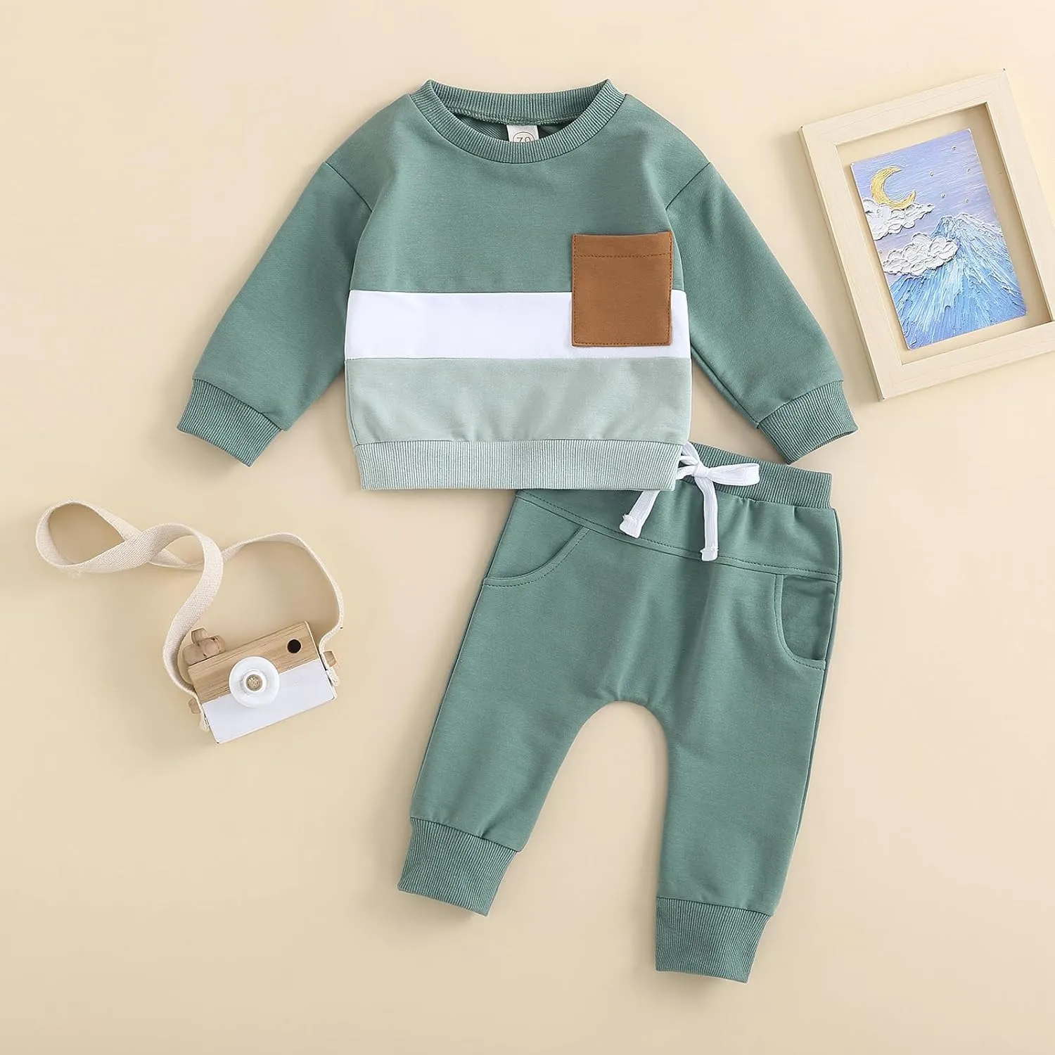 Newborn Baby Boy Girl Clothes Gender Neutral Sweatsuit Unisex Solid Outfit Long Sleeve Warm Pullover Pant Set
