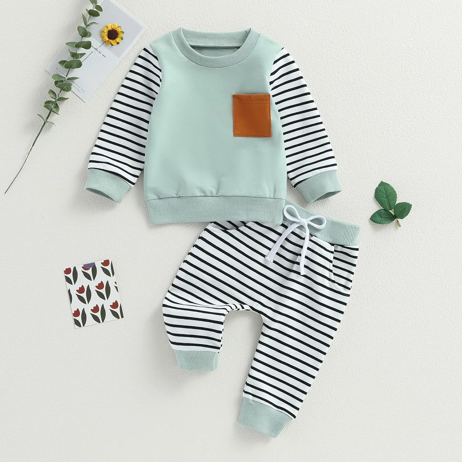 Newborn Baby Boy Girl Clothes Gender Neutral Sweatsuit Unisex Solid Outfit Long Sleeve Warm Pullover Pant Set