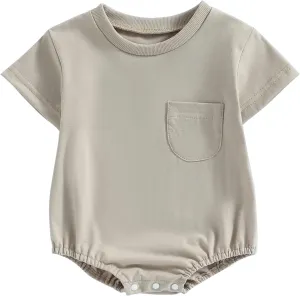 Newborn Baby Boy Girl Neutral Clothes Plain Cotton Bubble Romper Solid Short Sleeve Bodysuit Summer Outfit