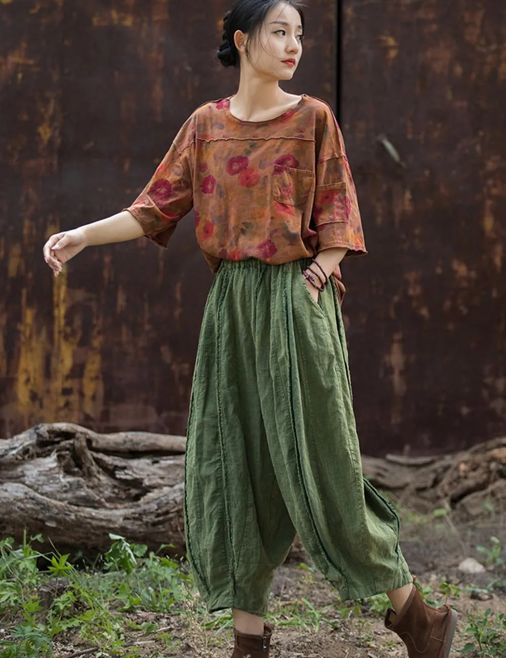 NFYM Women Wide Leg Elastic Waist Cotton Linen Distressed Patchwork Pumpkin Style Wide Leg 3/4 Length Cropped Pants