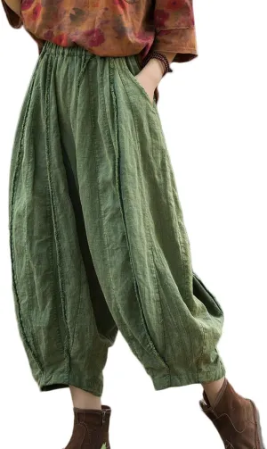 NFYM Women Wide Leg Elastic Waist Cotton Linen Distressed Patchwork Pumpkin Style Wide Leg 3/4 Length Cropped Pants