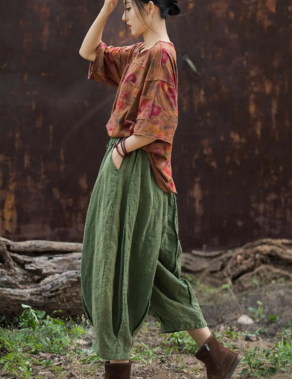 NFYM Women Wide Leg Elastic Waist Cotton Linen Distressed Patchwork Pumpkin Style Wide Leg 3/4 Length Cropped Pants