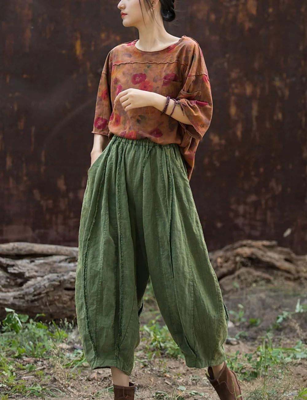 NFYM Women Wide Leg Elastic Waist Cotton Linen Distressed Patchwork Pumpkin Style Wide Leg 3/4 Length Cropped Pants