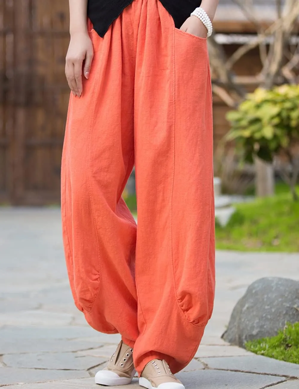 NFYM Women's Summer Cotton Linen Cropped Pants Wide Leg Elastic Waist Relax Fit Casual Baggy Trousers