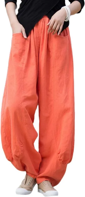NFYM Women's Summer Cotton Linen Cropped Pants Wide Leg Elastic Waist Relax Fit Casual Baggy Trousers