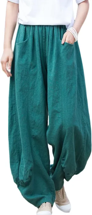 NFYM Women's Summer Cotton Linen Cropped Pants Wide Leg Elastic Waist Relax Fit Casual Baggy Trousers