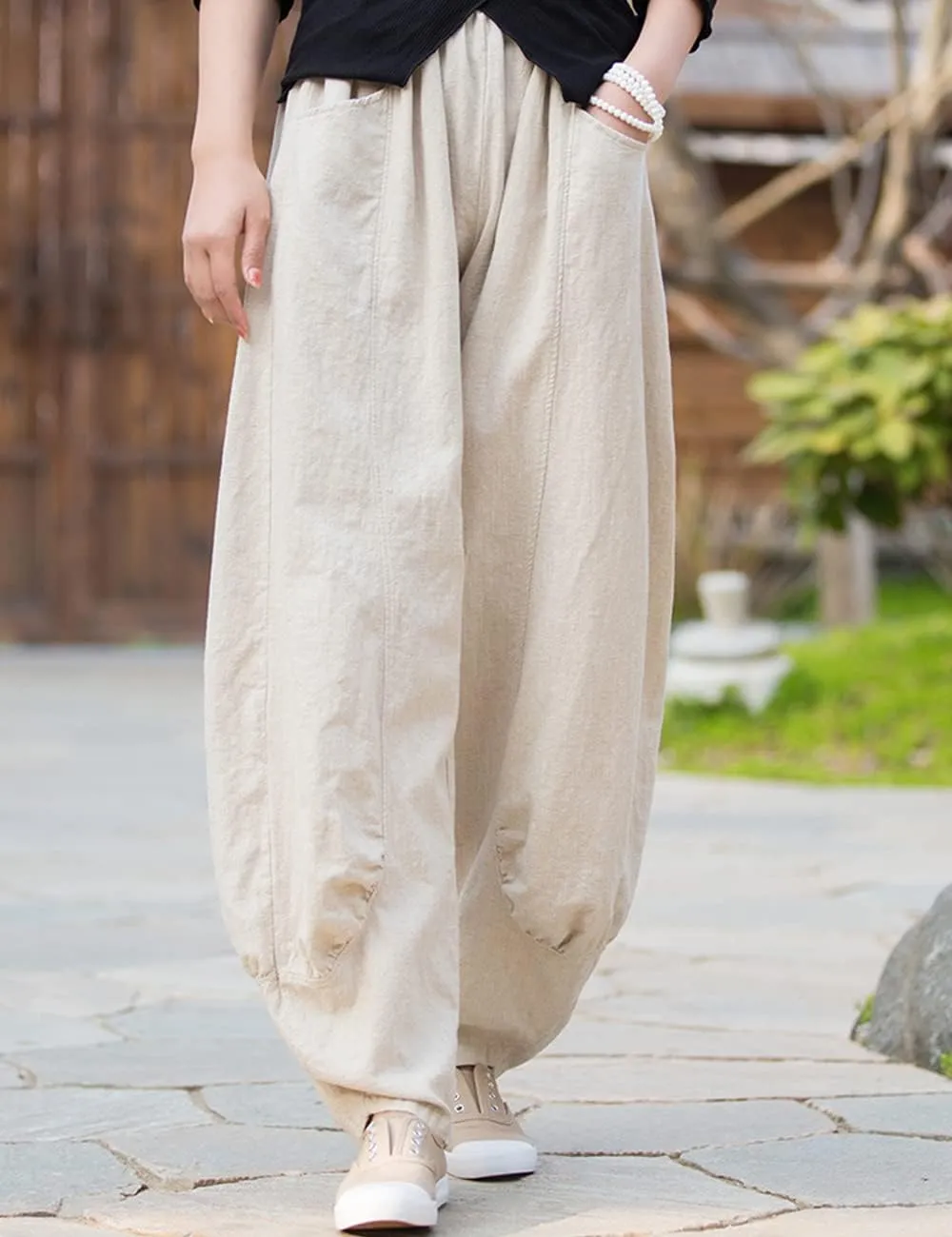 NFYM Women's Summer Cotton Linen Cropped Pants Wide Leg Elastic Waist Relax Fit Casual Baggy Trousers