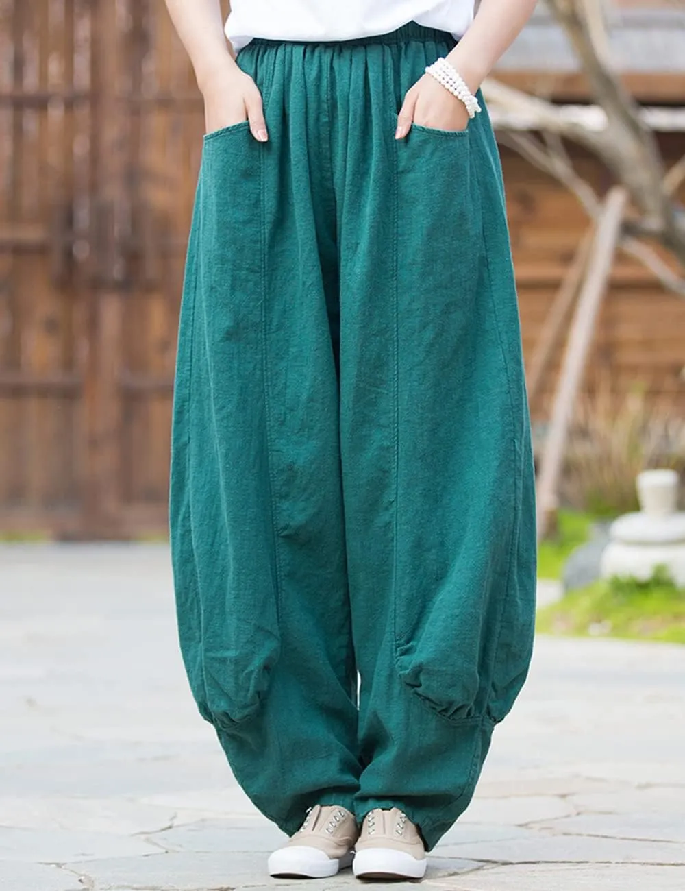 NFYM Women's Summer Cotton Linen Cropped Pants Wide Leg Elastic Waist Relax Fit Casual Baggy Trousers