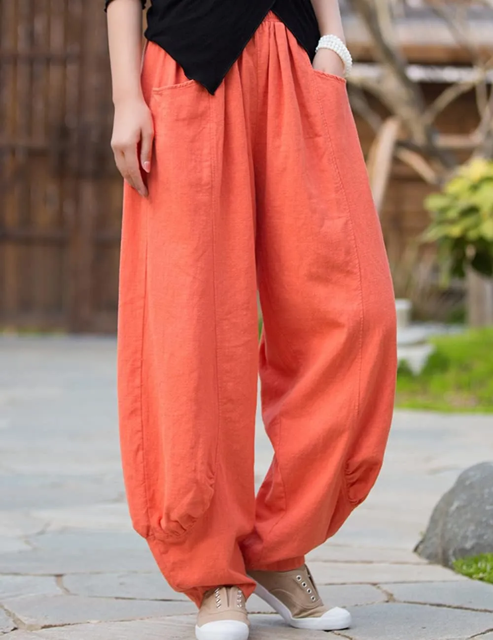 NFYM Women's Summer Cotton Linen Cropped Pants Wide Leg Elastic Waist Relax Fit Casual Baggy Trousers