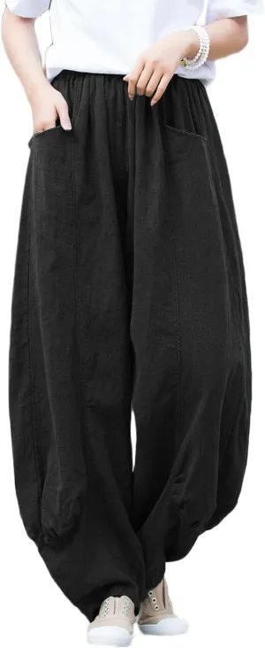 NFYM Women's Summer Cotton Linen Cropped Pants Wide Leg Elastic Waist Relax Fit Casual Baggy Trousers