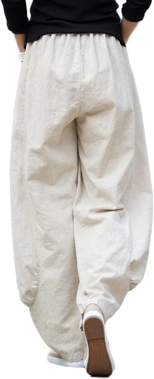 NFYM Women's Summer Cotton Linen Cropped Pants Wide Leg Elastic Waist Relax Fit Casual Baggy Trousers