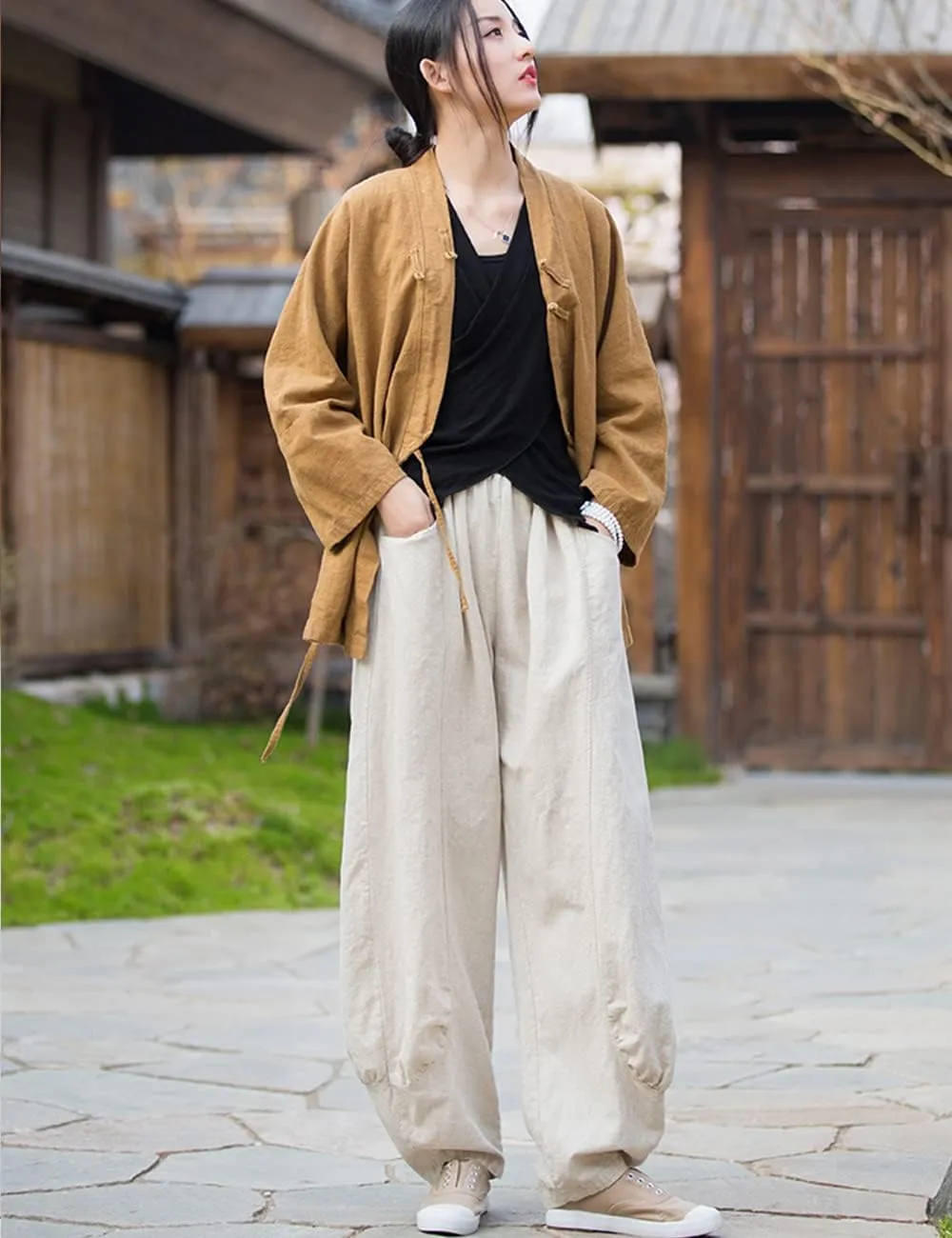 NFYM Women's Summer Cotton Linen Cropped Pants Wide Leg Elastic Waist Relax Fit Casual Baggy Trousers