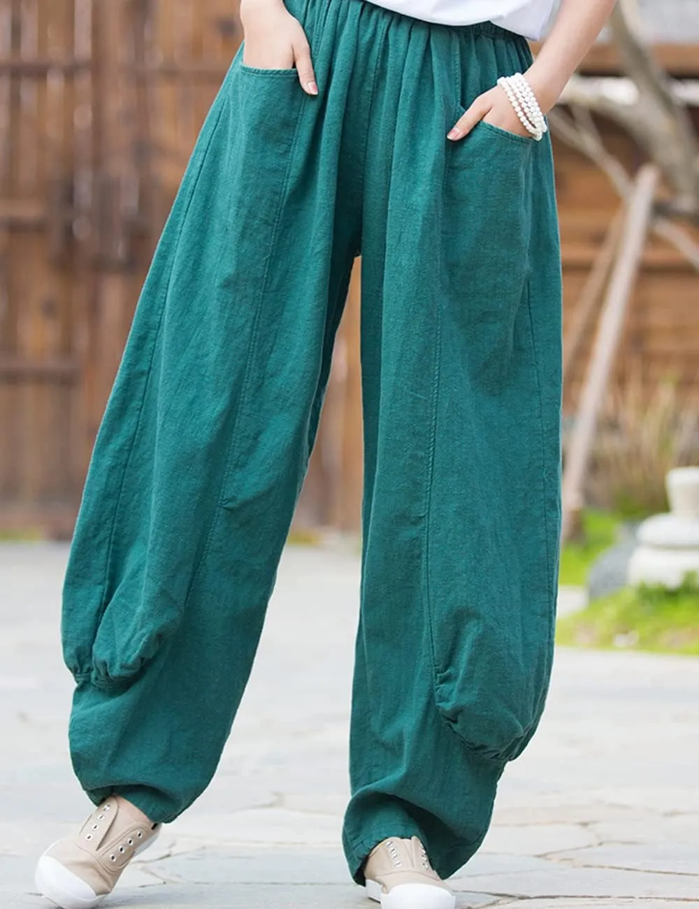 NFYM Women's Summer Cotton Linen Cropped Pants Wide Leg Elastic Waist Relax Fit Casual Baggy Trousers