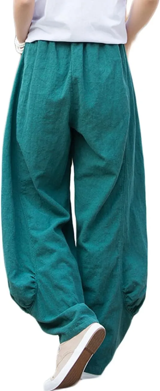 NFYM Women's Summer Cotton Linen Cropped Pants Wide Leg Elastic Waist Relax Fit Casual Baggy Trousers