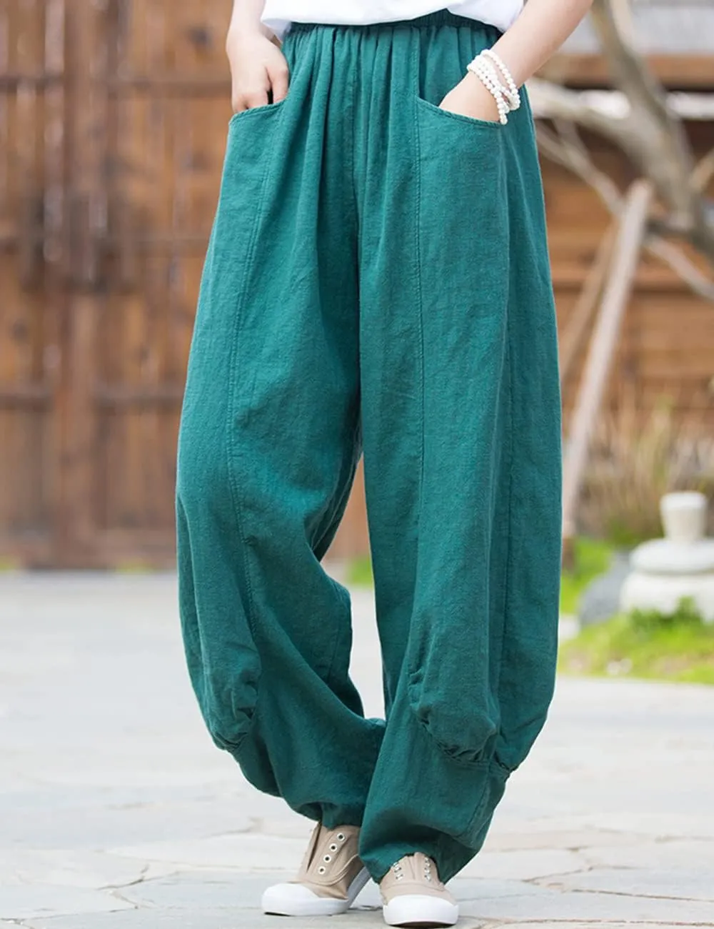 NFYM Women's Summer Cotton Linen Cropped Pants Wide Leg Elastic Waist Relax Fit Casual Baggy Trousers