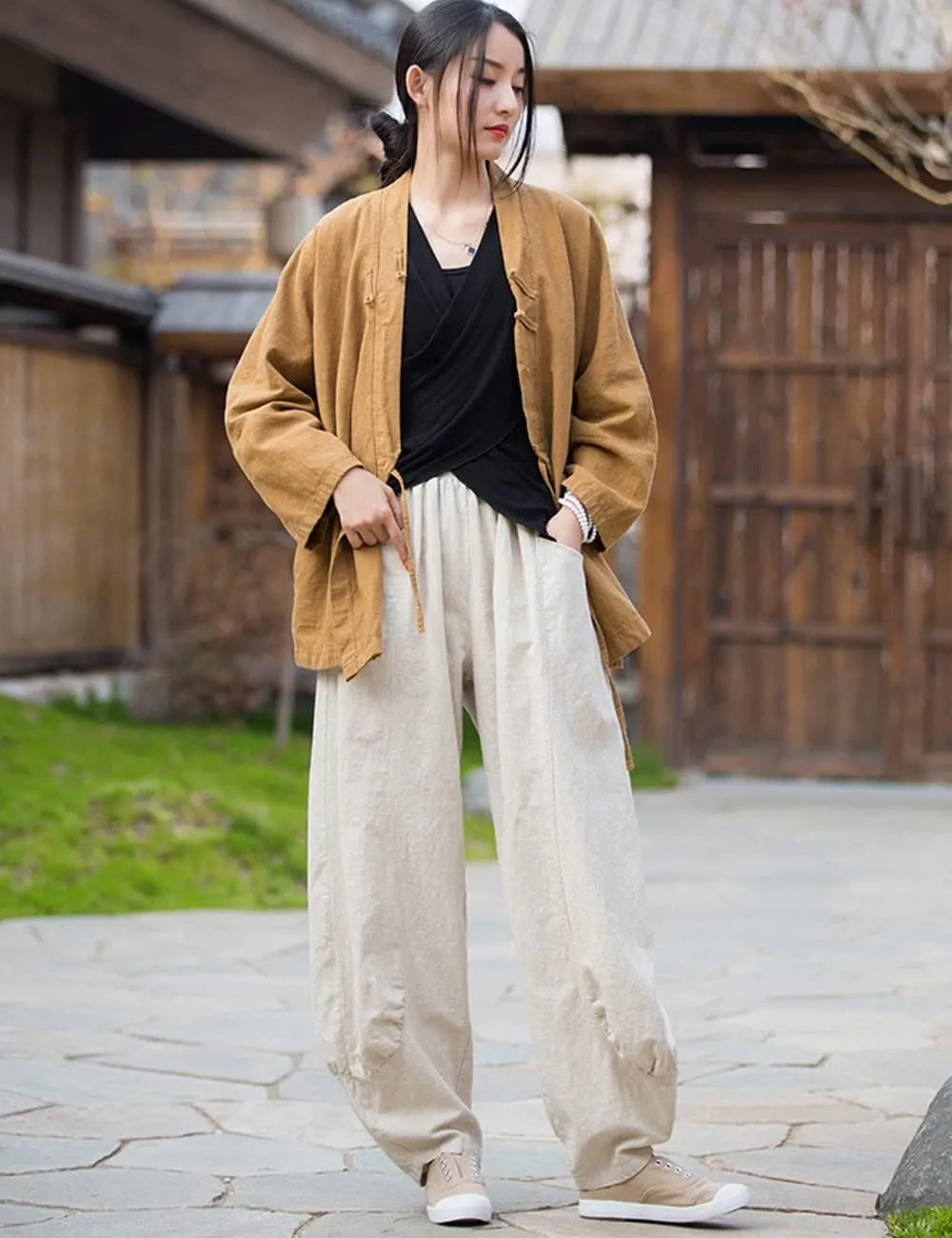 NFYM Women's Summer Cotton Linen Cropped Pants Wide Leg Elastic Waist Relax Fit Casual Baggy Trousers