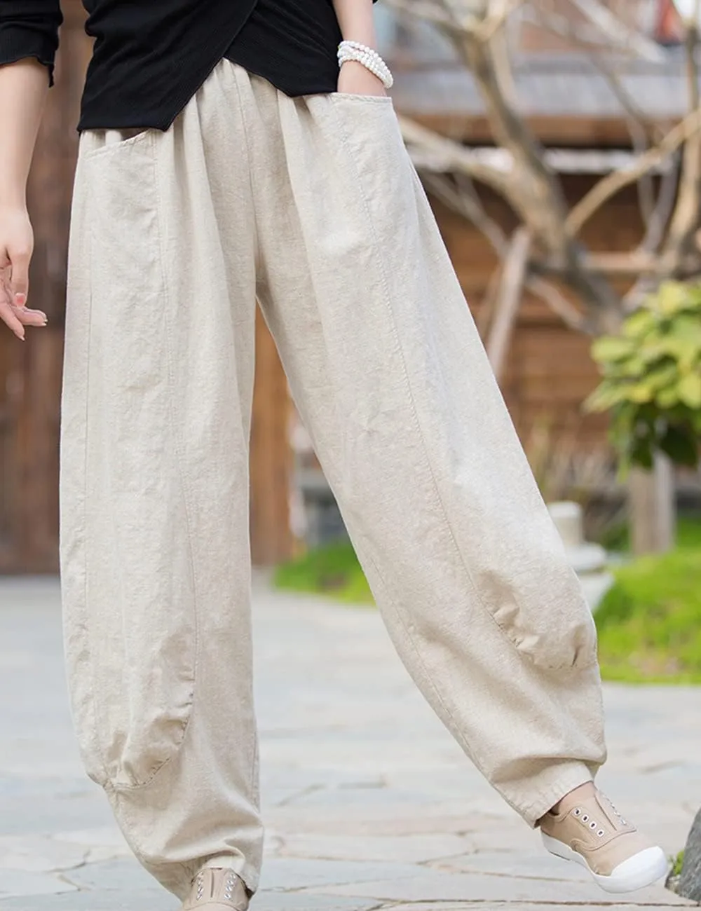 NFYM Women's Summer Cotton Linen Cropped Pants Wide Leg Elastic Waist Relax Fit Casual Baggy Trousers
