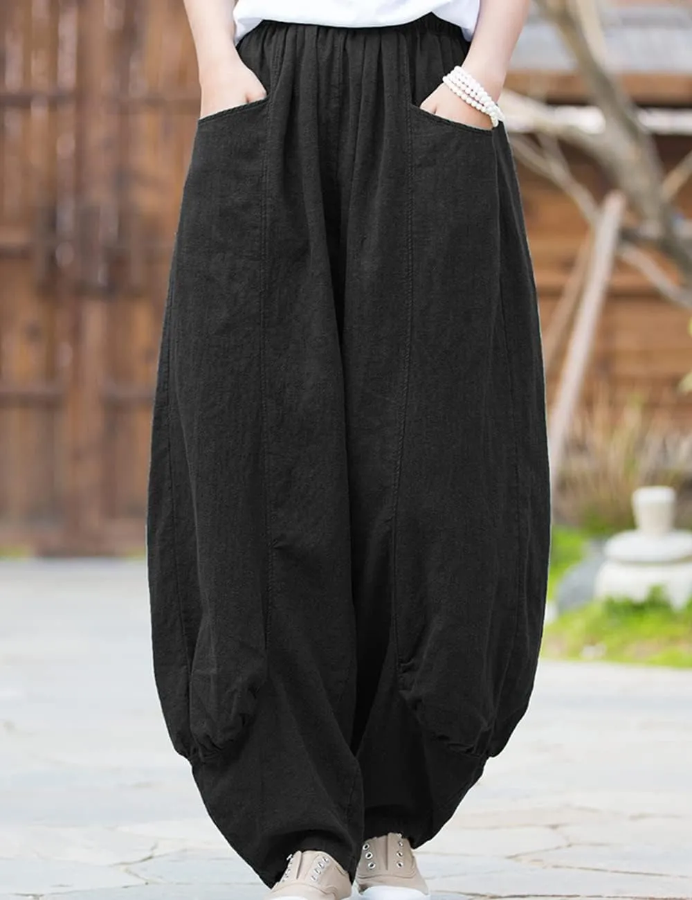 NFYM Women's Summer Cotton Linen Cropped Pants Wide Leg Elastic Waist Relax Fit Casual Baggy Trousers