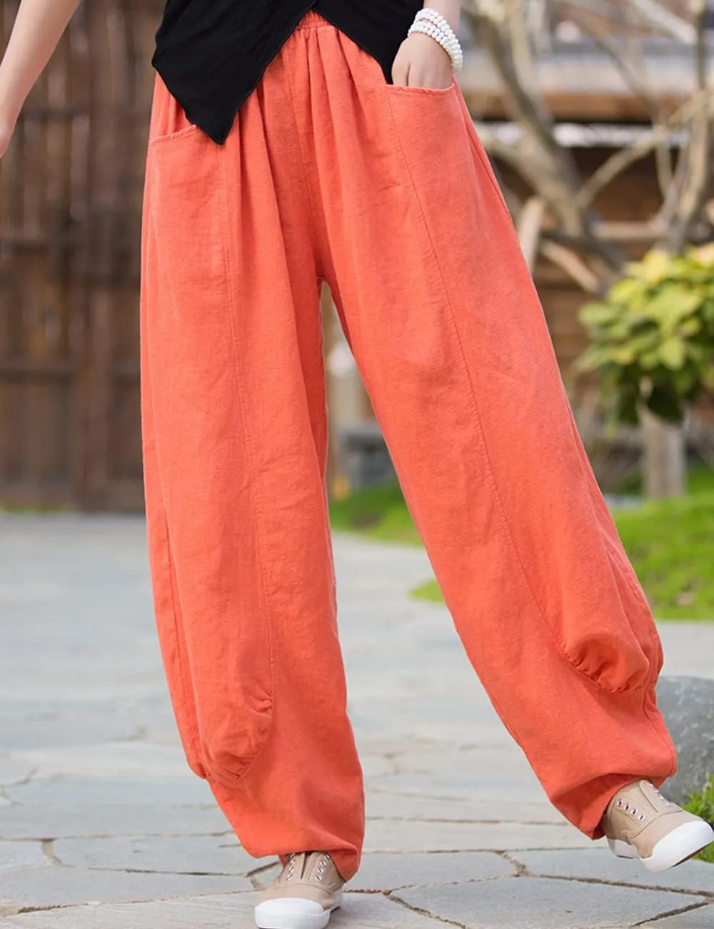 NFYM Women's Summer Cotton Linen Cropped Pants Wide Leg Elastic Waist Relax Fit Casual Baggy Trousers