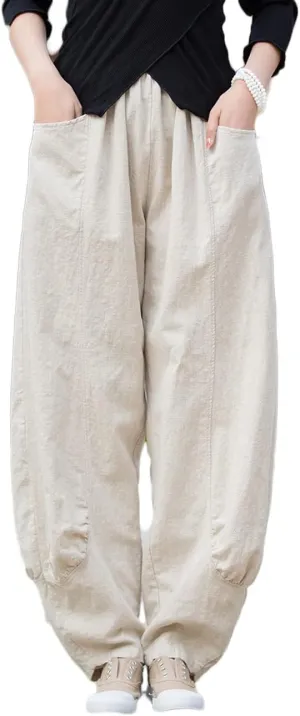 NFYM Women's Summer Cotton Linen Cropped Pants Wide Leg Elastic Waist Relax Fit Casual Baggy Trousers
