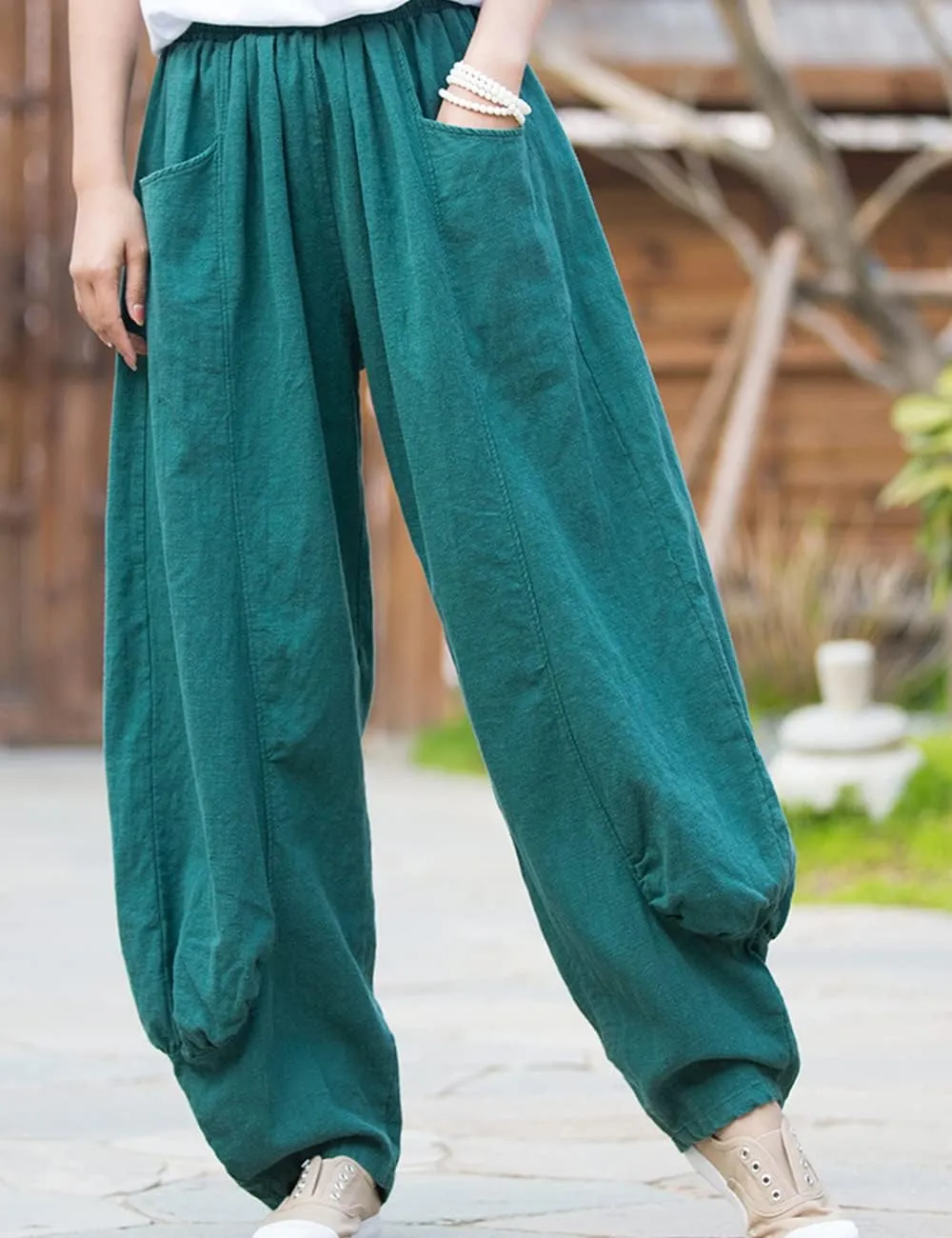 NFYM Women's Summer Cotton Linen Cropped Pants Wide Leg Elastic Waist Relax Fit Casual Baggy Trousers