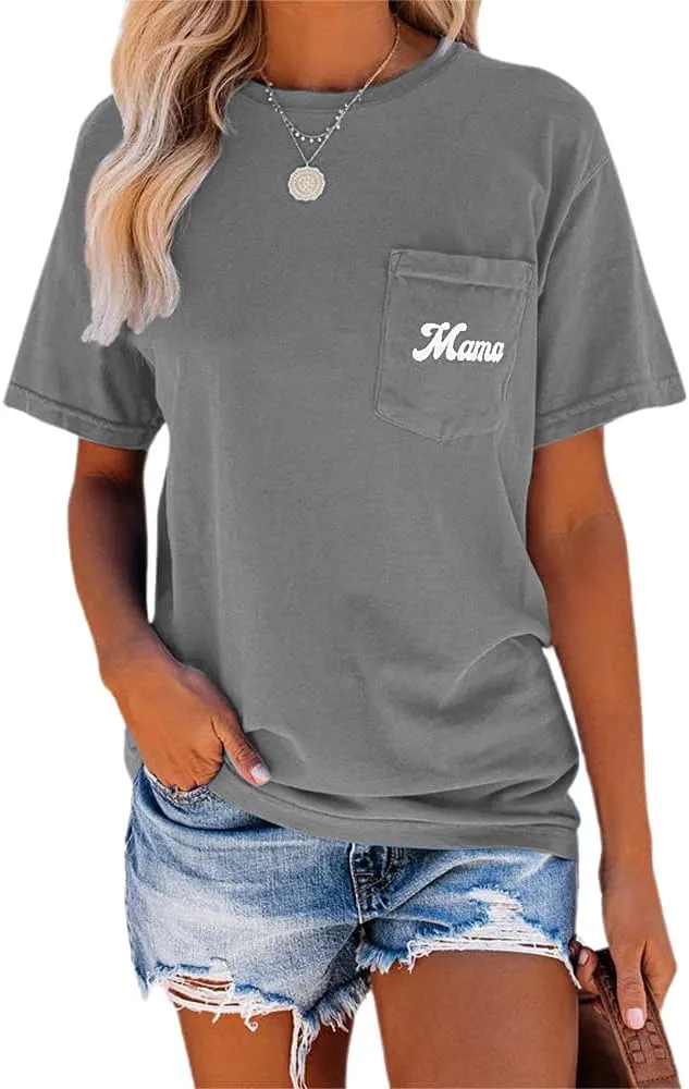 NIUBIA Women's Letter Print Basic Crew Neck Tee Summer Short Sleeve T-Shirt with Pockets Loose Fitting Tops